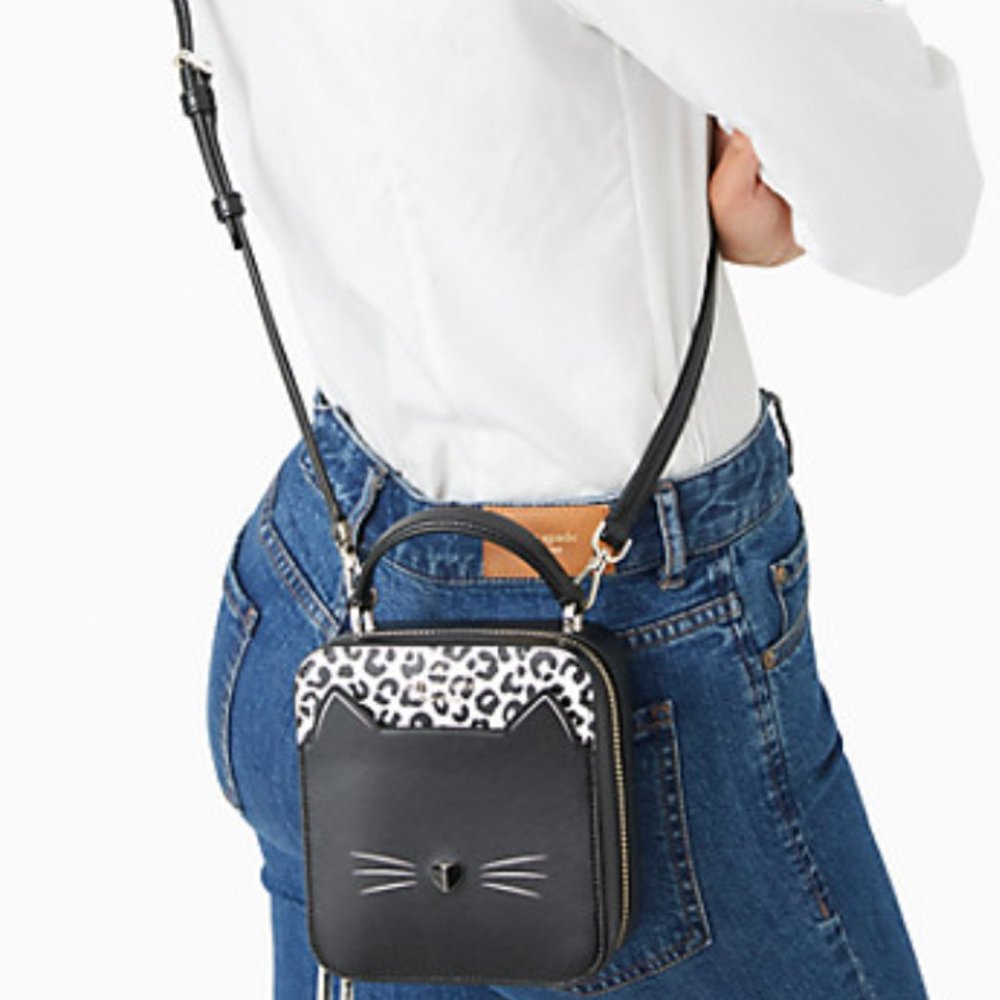 Daisy Vanity Crossbody Meow Cat Leather Bag Top Handle Purse Black Kate Spade - Picture 12 of 12